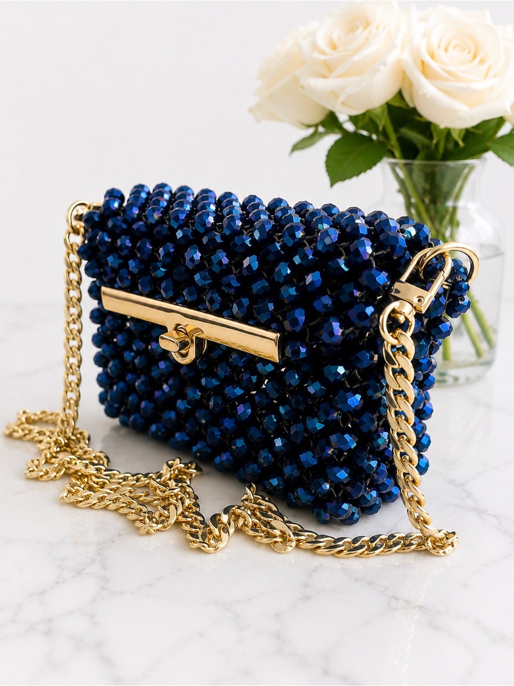 Elegant Navy Beaded Crossbody Bag with Gold Chain
